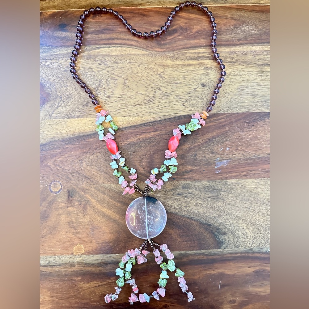 Vintage Glass Bead Necklace With Clear Pendant & Multicolor Accents